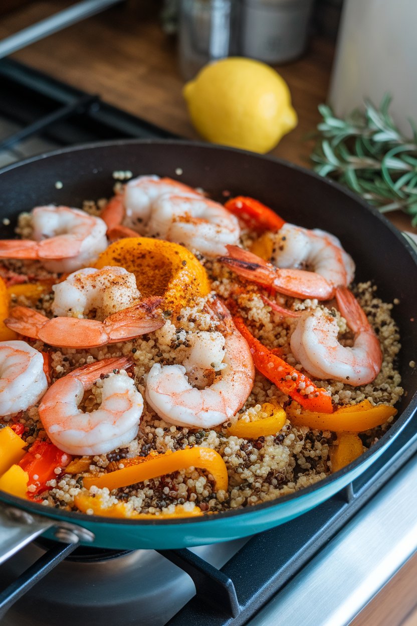 An indoor stovetop skillet of cooked shrimp, quinoa, bell peppers, and Cajun spices; no text or logos. Photo only.