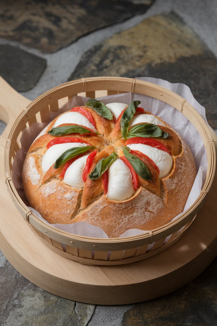 Indoor photo of a round loaf scored and stuffed with mozzarella, tomato pieces, and basil, cheese melting between the cuts; no text or logos.