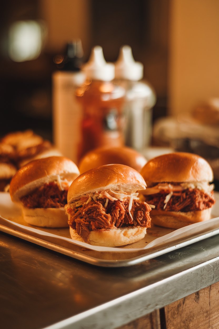 A rustic indoor counter showing mini brioche buns filled with saucy pulled pork and a touch of coleslaw, glistening under warm light—no text or logos. Photo, not illustration.