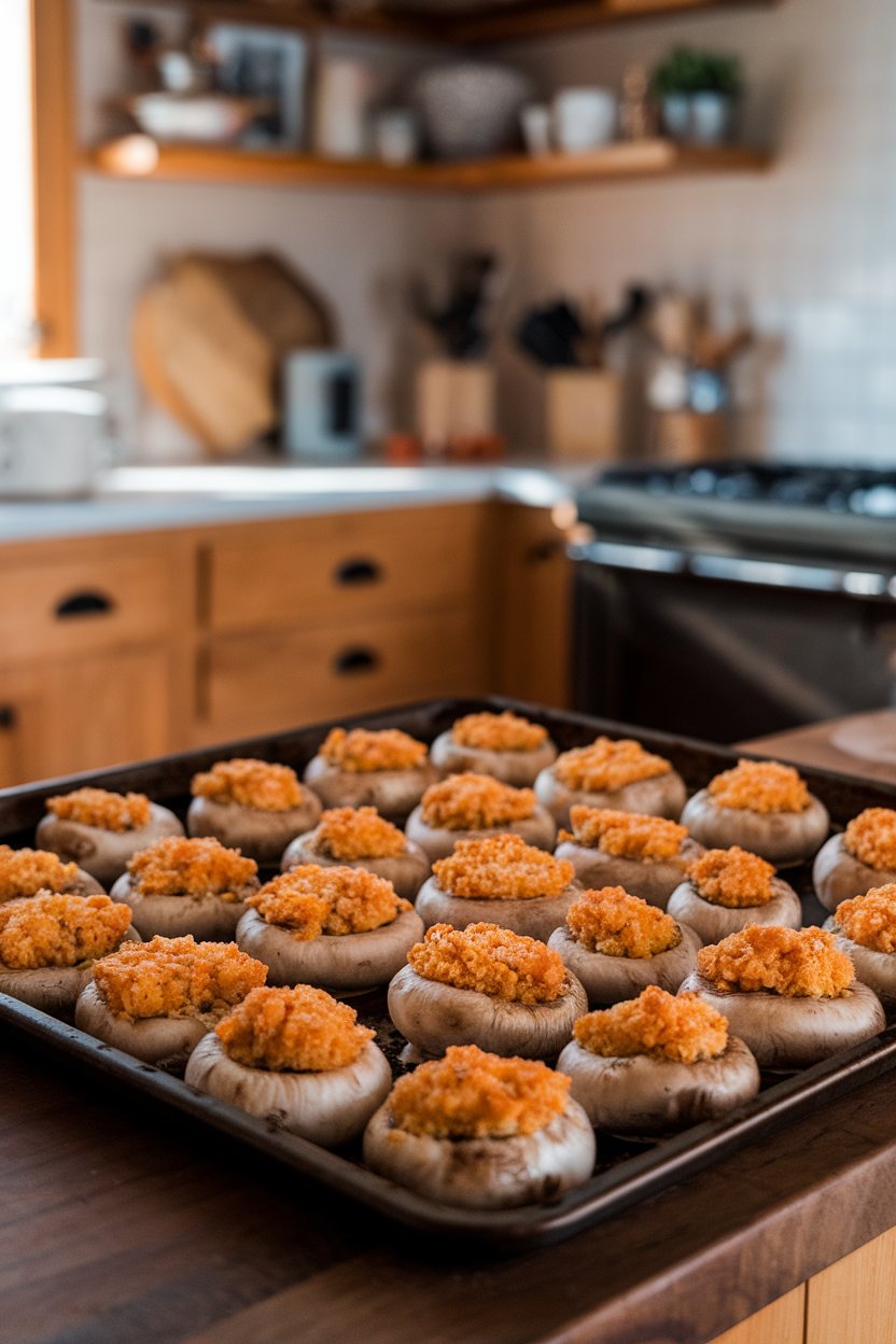 An indoor baking sheet lined with cremini mushrooms brimming with bubbling Irish cheddar and breadcrumb topping. Warm kitchen lighting; no logos.