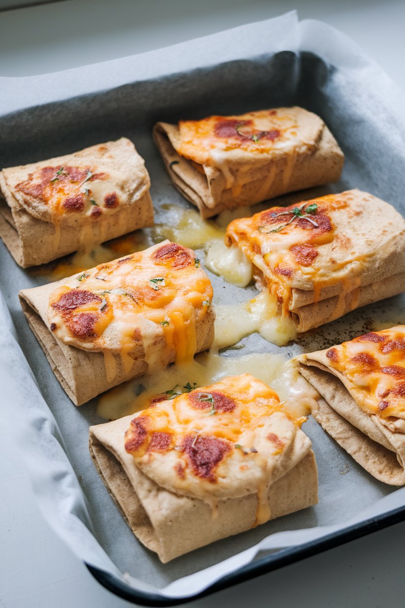 Parchment-lined pan indoors with multiple folded tortillas oozing melted cheese, lightly browned. No logos or text.