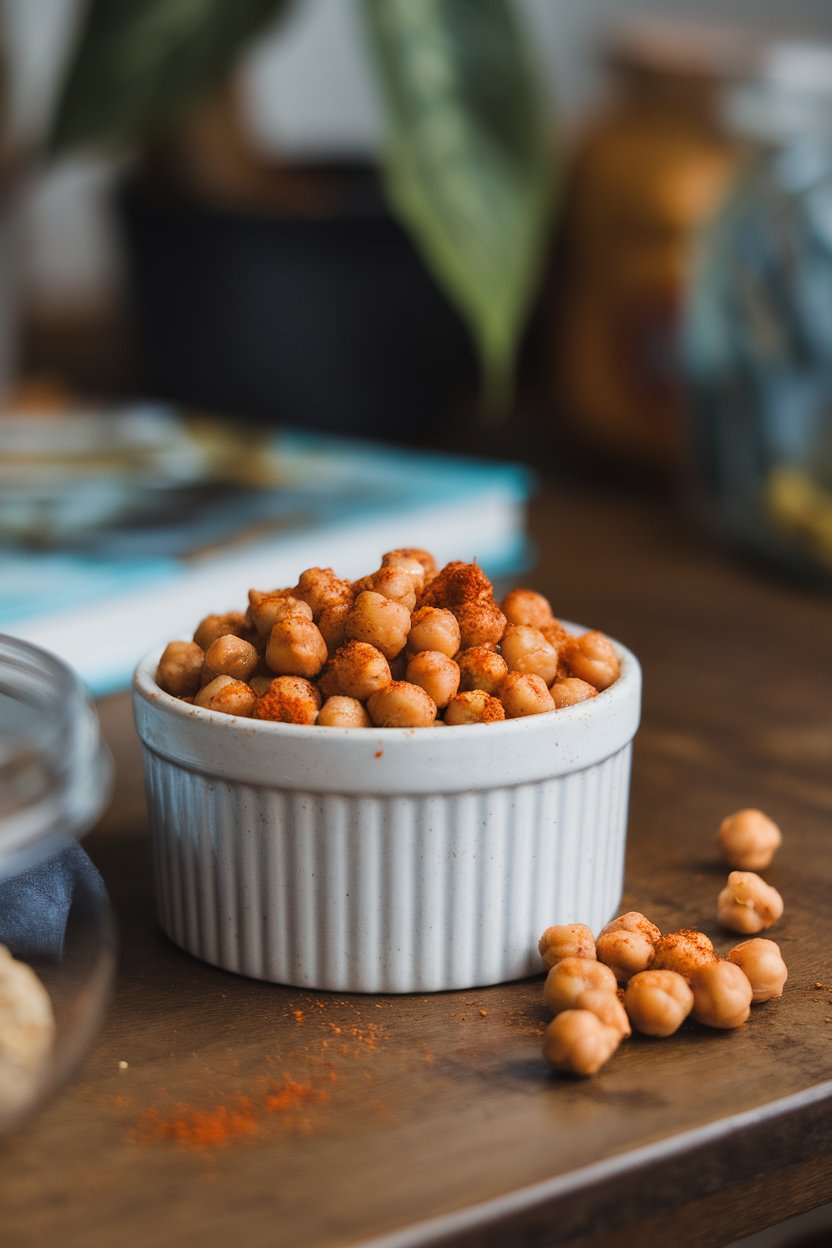 An indoor ramekin filled with roasted chickpeas seasoned with paprika and garlic powder, a few spilled on the table for texture. No text or logos present.