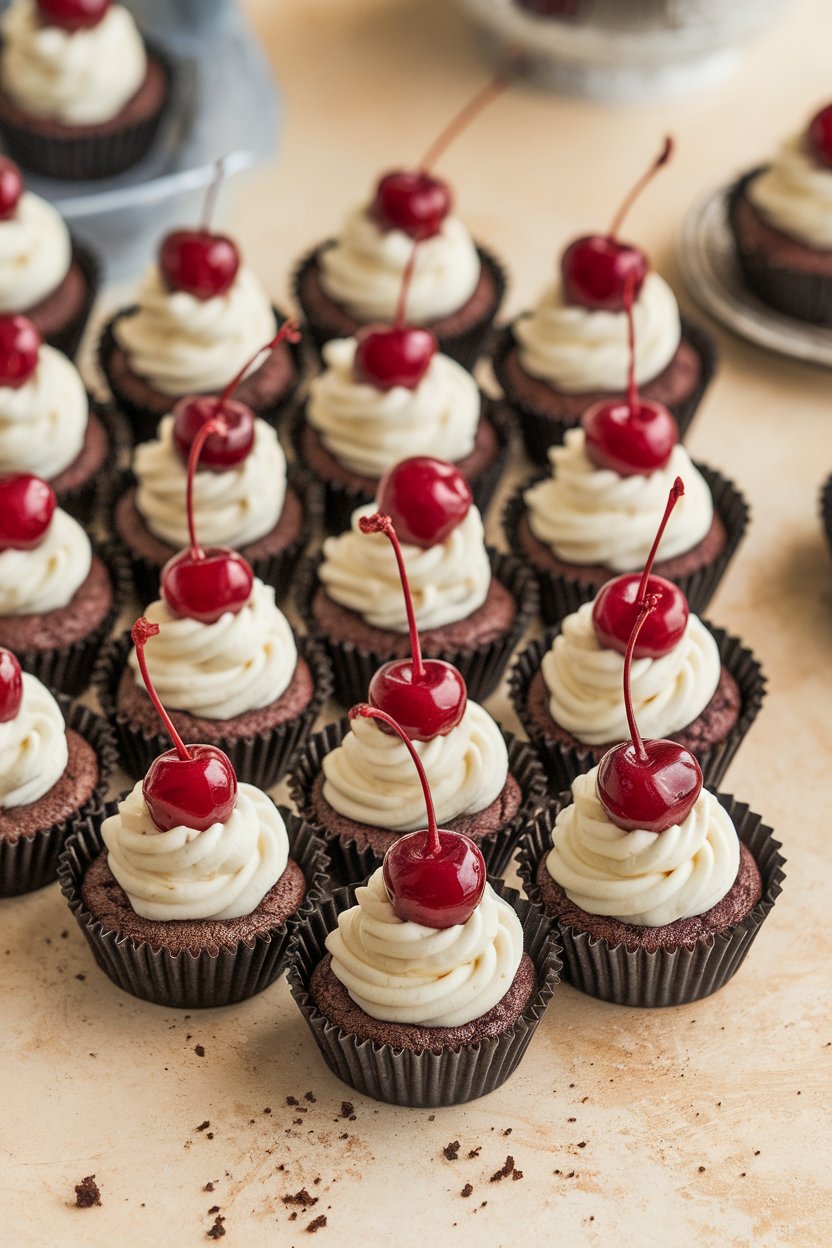 An indoor cupcake tray holding mini brownie cups topped with swirls of cheesecake and a single maraschino cherry. Photo, no text or logos.
