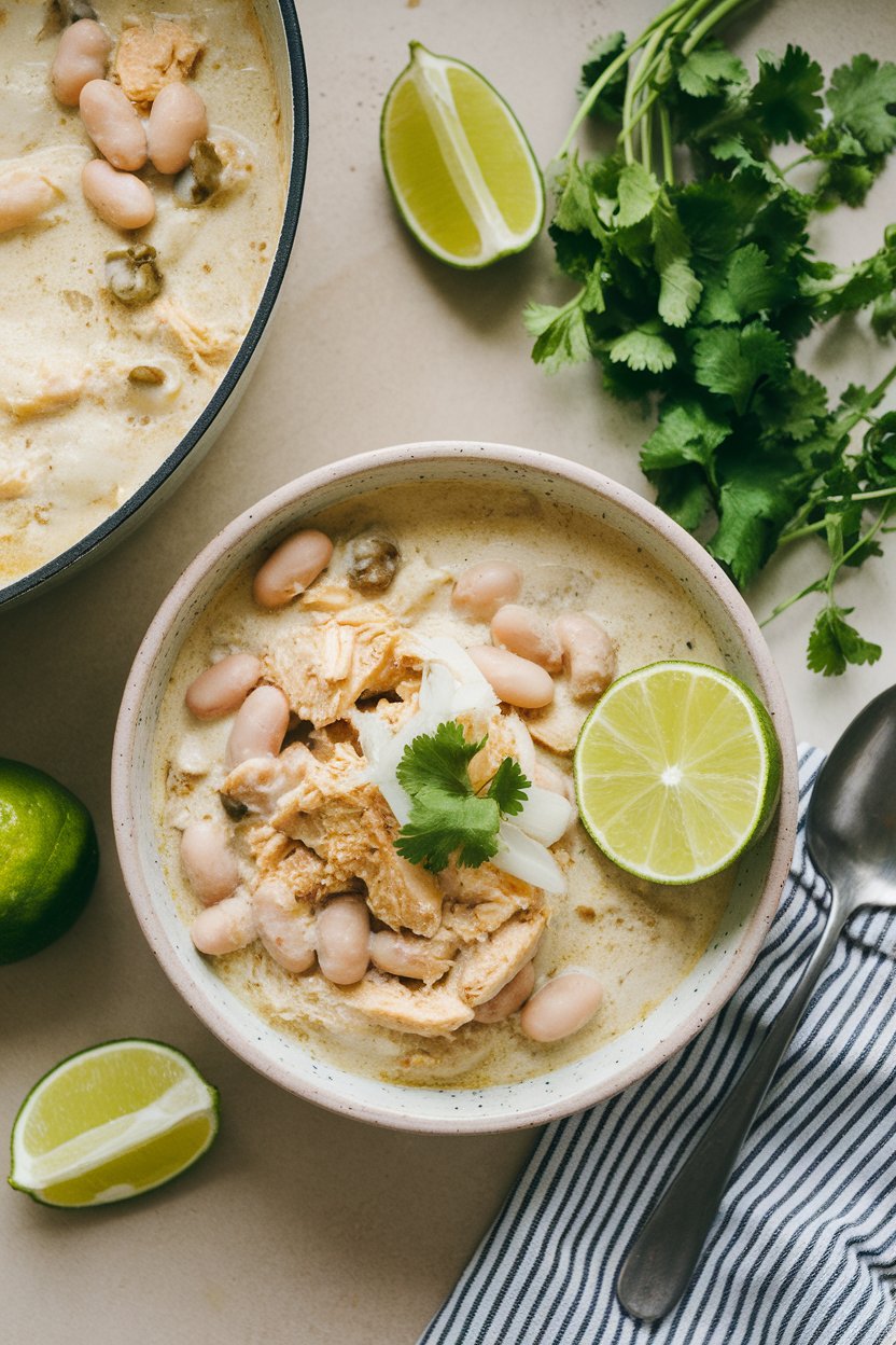 An indoor countertop displaying a bowl of creamy white chili with chicken, white beans, and poblano peppers. No text or logos.