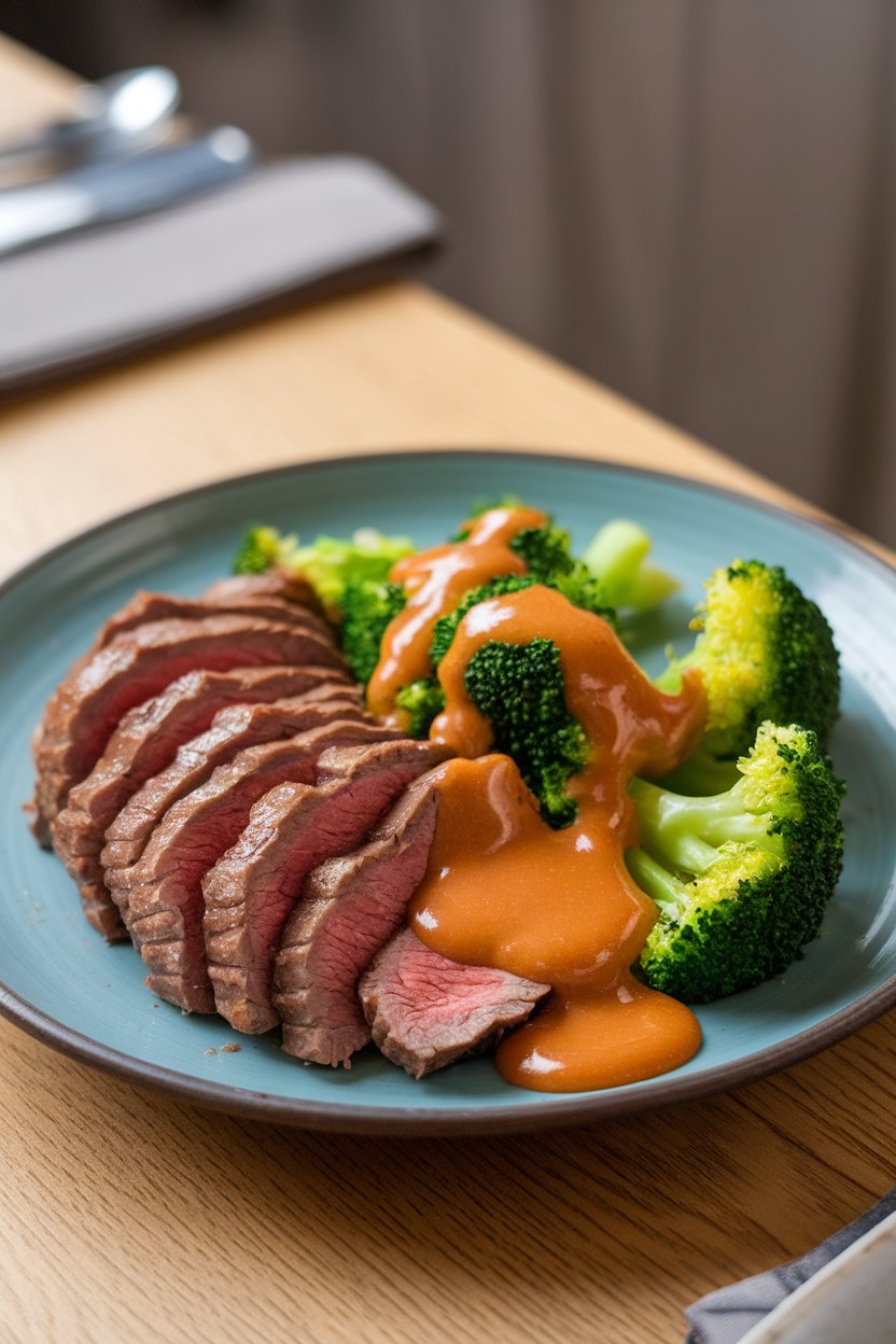 A plate on an indoor dining table with sliced lean beef, bright broccoli, and glossy orange-ginger sauce. No text or logos.