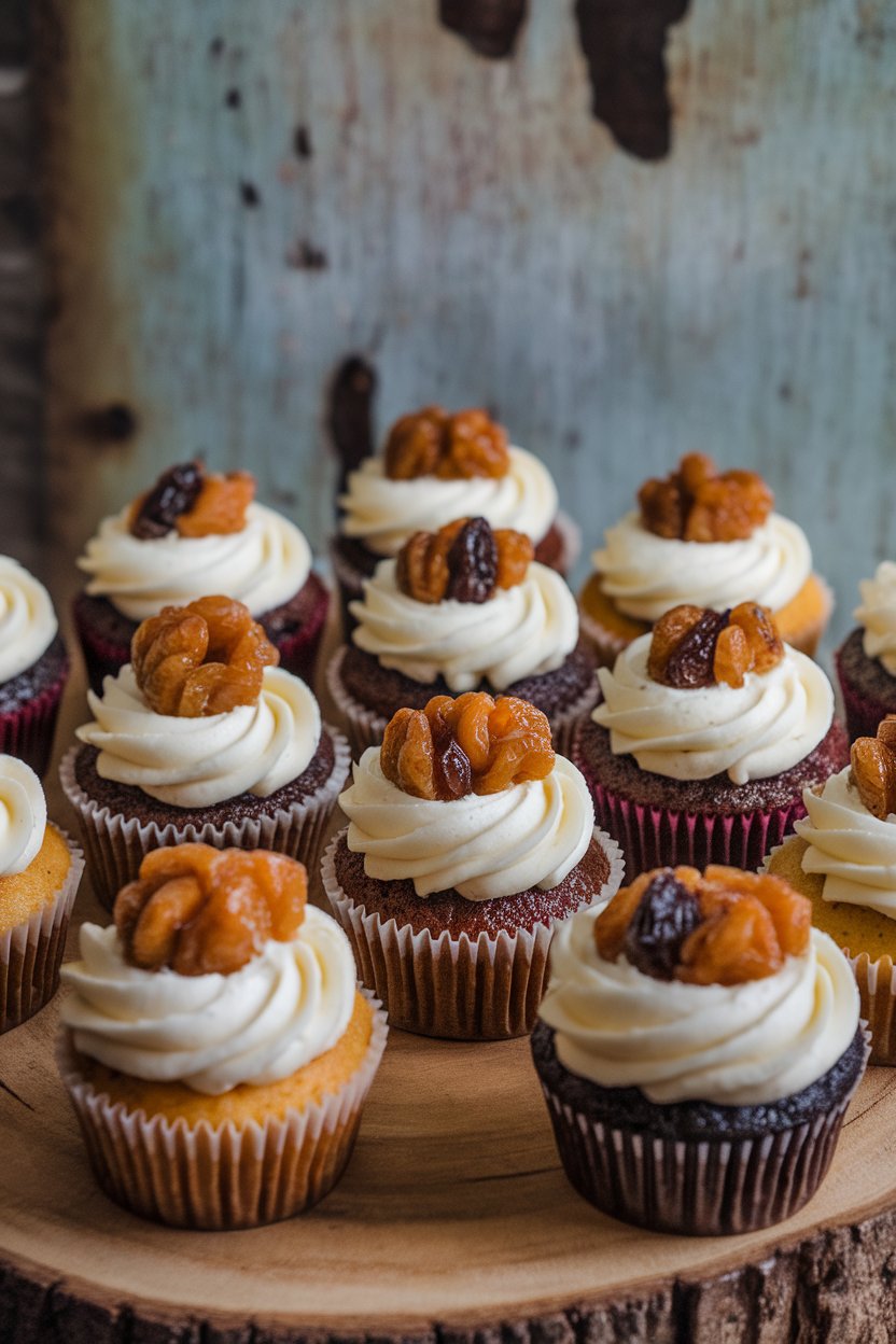 Indoor photo of cupcakes topped with rum-soaked raisin cluster and cream cheese frosting, no text or logos