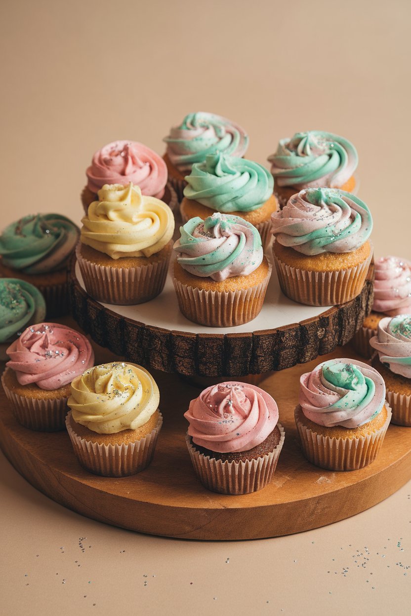 An indoor bakery display of vanilla cupcakes topped with swirls of tri-colored frosting and edible glitter. No text or logos. Photo.