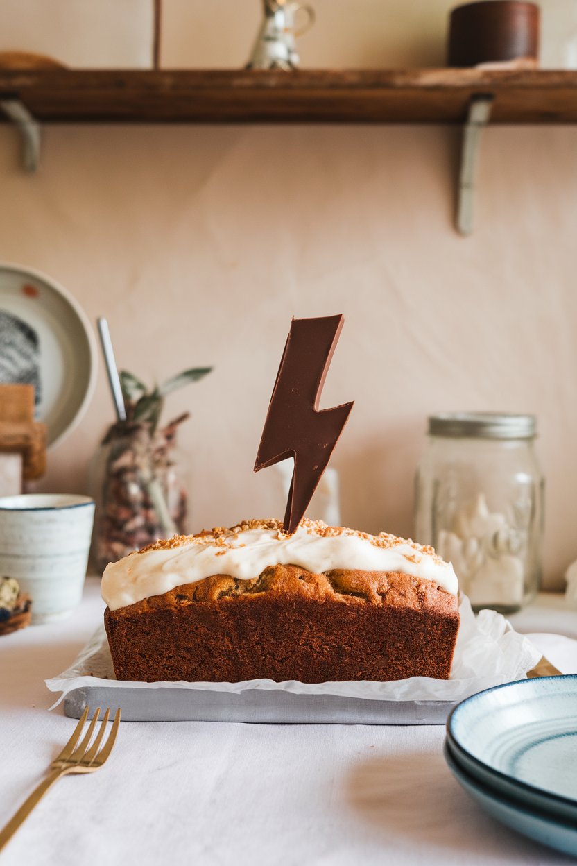 An indoor brunch table featuring a thick banana bread loaf topped with cream cheese frosting and a chocolate lightning bolt—no text or logos.