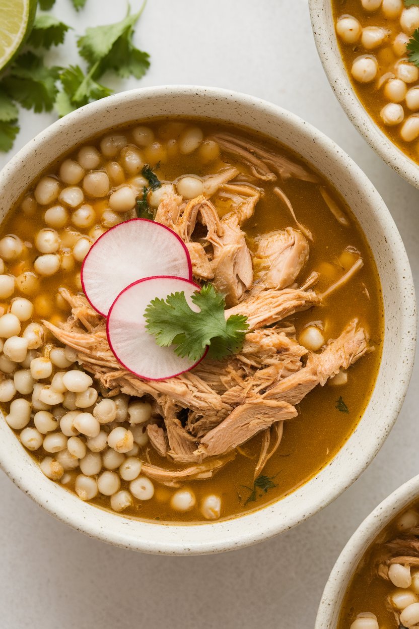 Indoor photo of a green pozole with hominy and shredded chicken, garnished with radish slices and cilantro; no logos or text present.