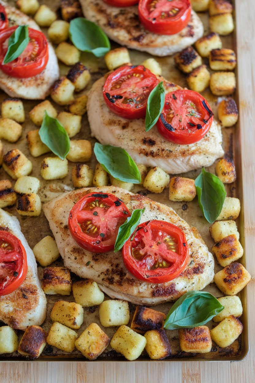 Indoor photo of sheet-pan chicken breasts topped with roasted tomato halves, browned potato gnocchi scattered throughout, basil leaves added after roasting. No text or logos.