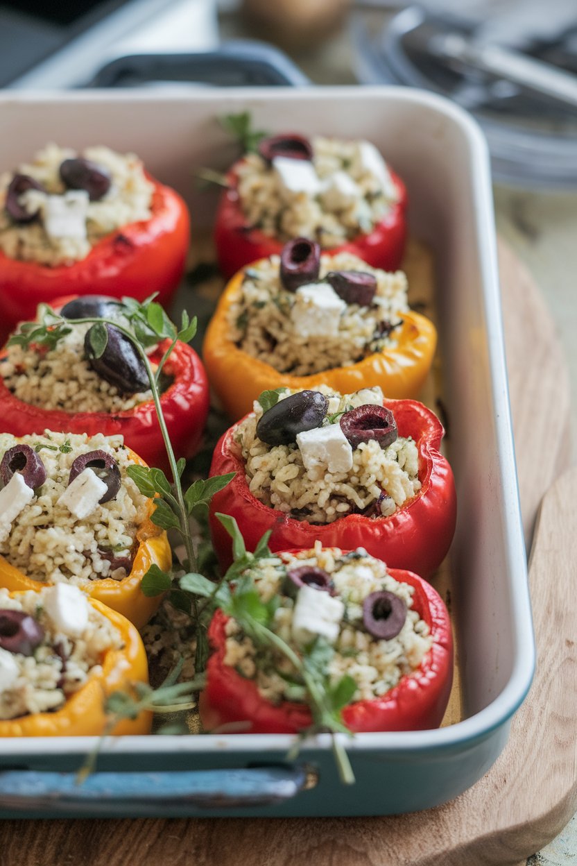 An indoor baking dish filled with bell peppers stuffed with herbed rice, olives, and feta, roasted until tops are lightly browned. No text or logos. Photo, not illustration.