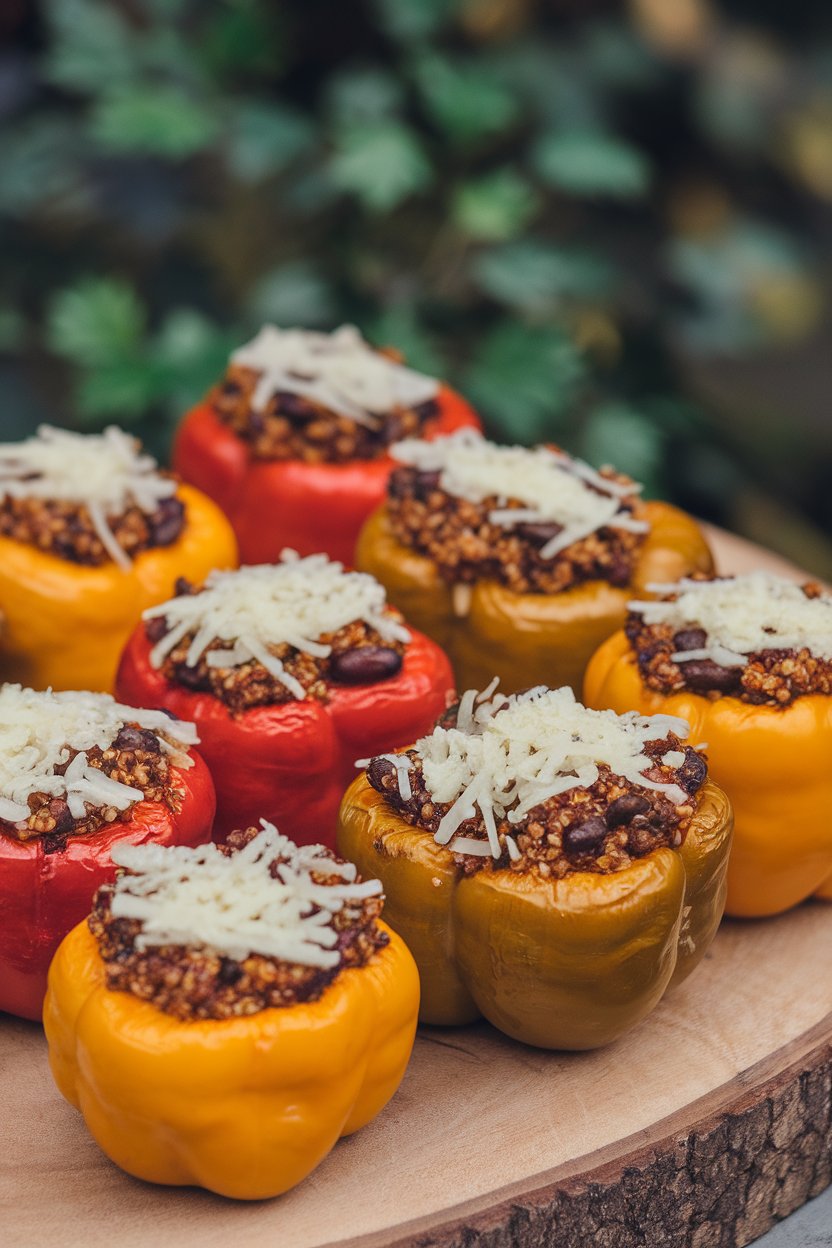 Photo indoors of roasted bell peppers stuffed with chipotle black bean and quinoa filling, cheese on top, no logos.
