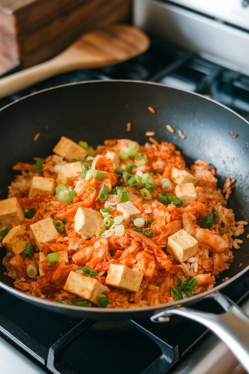Indoor stovetop view of a wok containing vibrant kimchi fried rice dotted with tofu cubes and scallions. No text or logos. Photo, not illustration.