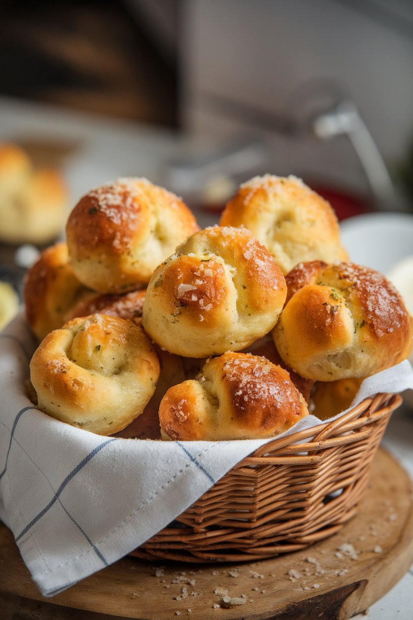 Indoor photo of a basket lined with a napkin, filled with buttery garlic knots glistening with grated parmesan. No text or logos in view.