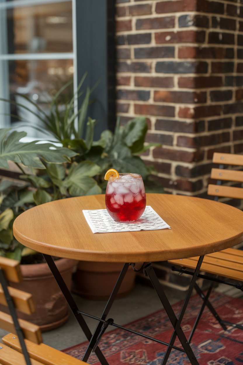 An indoor wooden café table displaying a stemless wine glass of ruby-red hibiscus tea on ice with an orange twist resting on the rim. No text or logos visible. Photo.