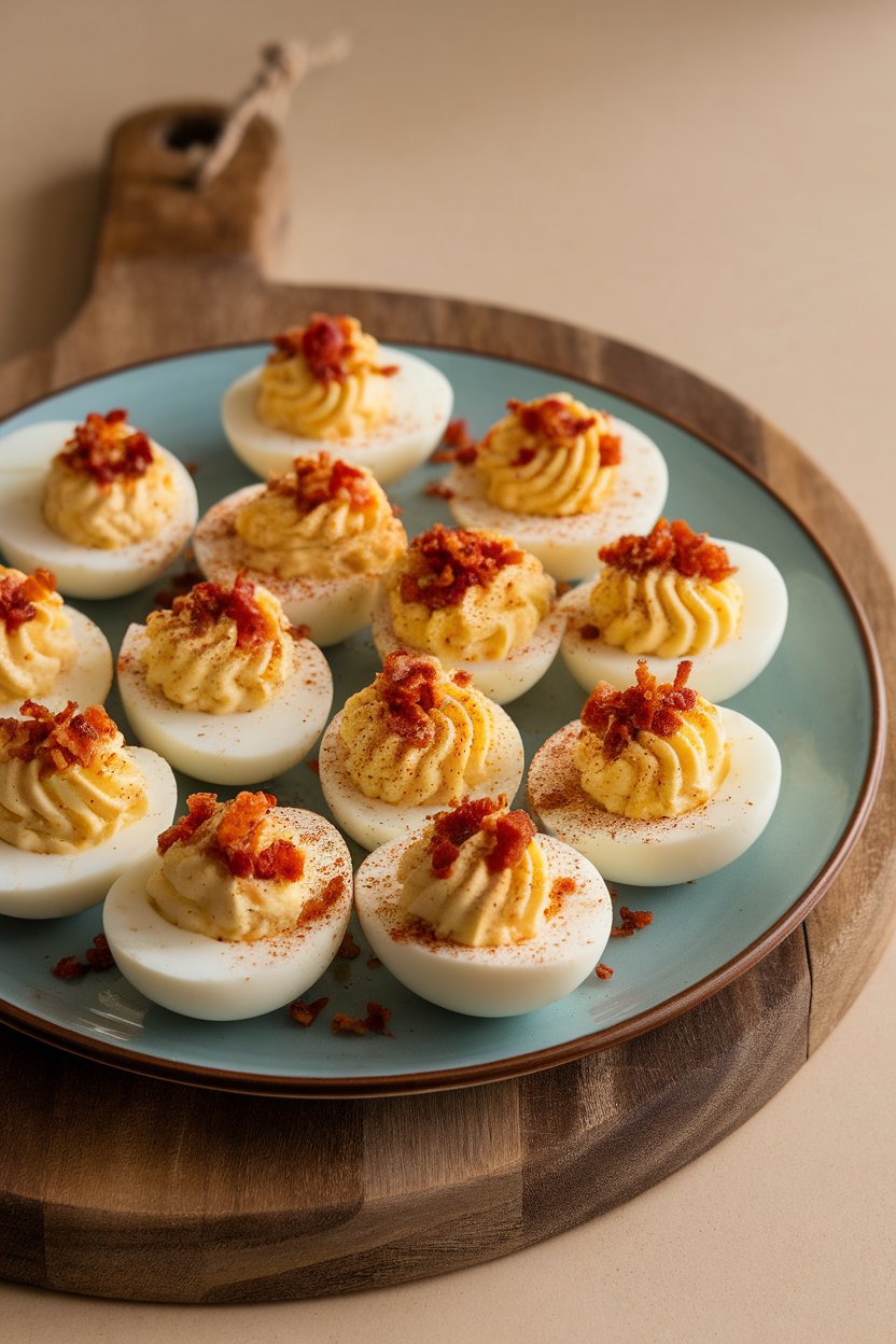Indoor plate of deviled eggs topped with smoked paprika and crispy bacon bits. No logos or text.