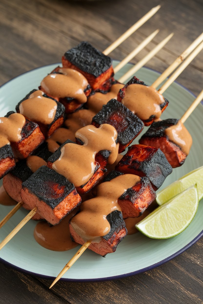 Photo prompt: Indoor plate featuring bamboo skewers threaded with charred seitan cubes brushed in glossy peanut sauce, lime wedges nearby. No text or logos. Photo, not illustration.