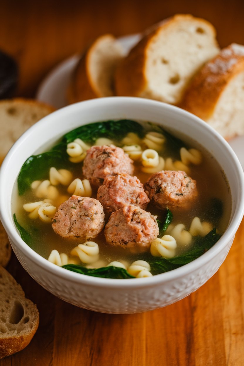 Warm indoor shot of a bowl of Italian wedding soup—mini meatballs, small pasta, and bright green spinach floating in clear broth. No text or logos. Photo.