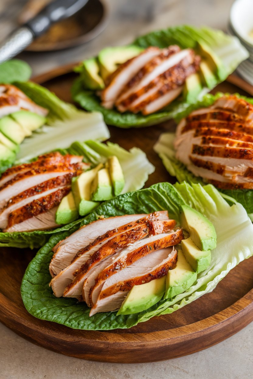 Photo of crisp romaine leaves filled with sliced roasted turkey, avocado wedges, and a drizzle of light chipotle mayo, arranged on a wooden platter indoors. No text or logos.