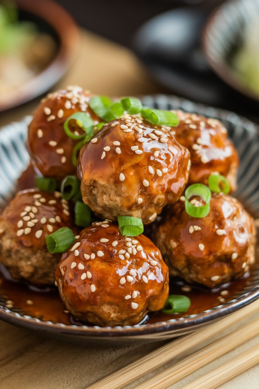 An indoor serving dish of glossy teriyaki-glazed meatballs sprinkled with sesame seeds and sliced green onions, photographed close-up—no text or logos. Photo, not illustration.