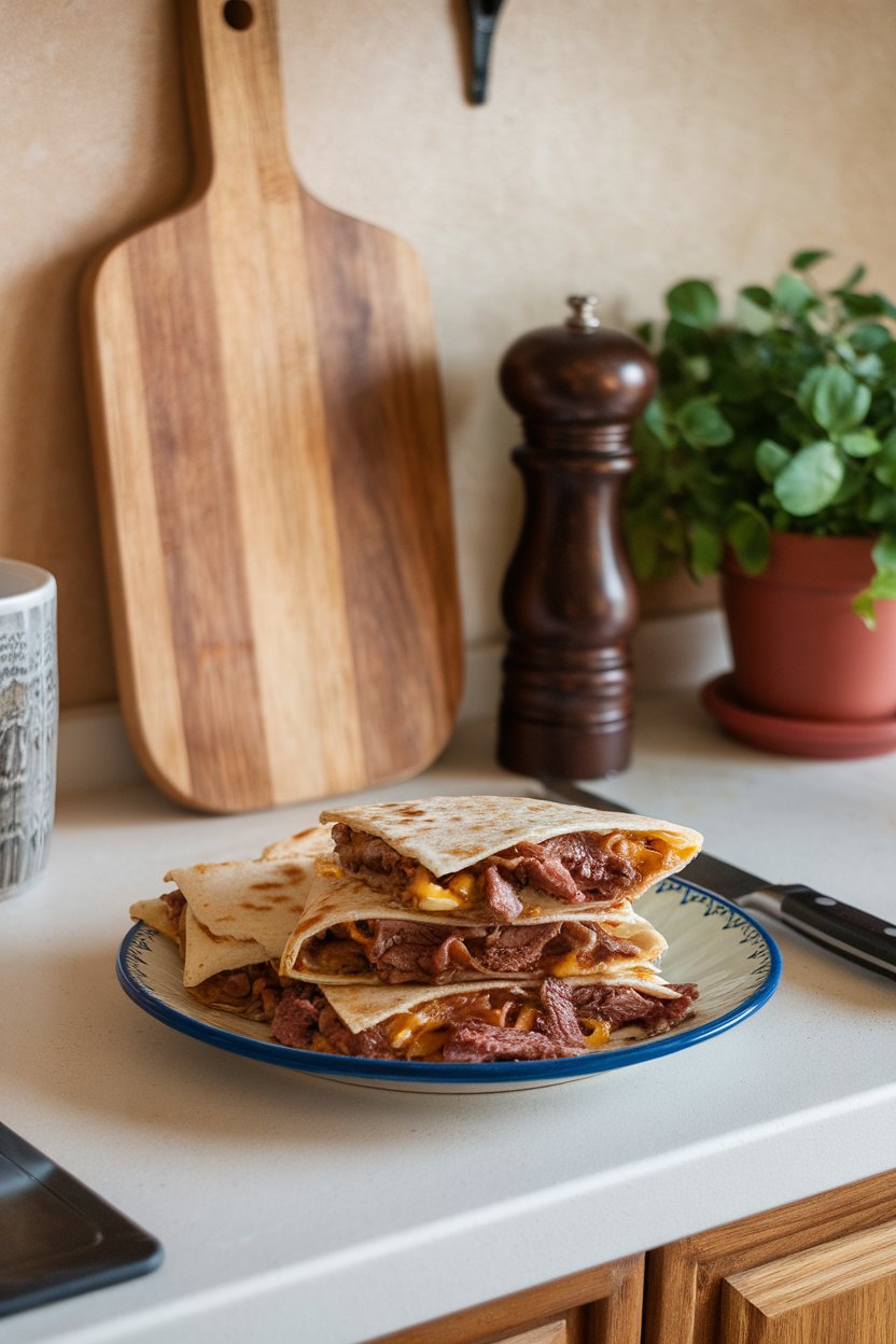 Indoor kitchen counter with quesadilla slices showing shaved steak, sautéed onions, and provolone, no text or logos.