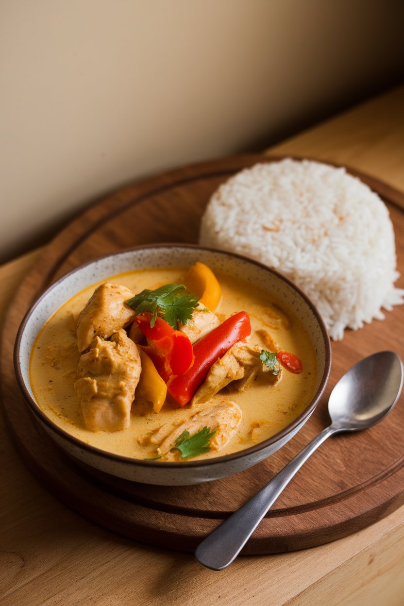 Warm indoor scene showing a bowl of golden coconut curry dotted with chicken and bell peppers, jasmine rice on the side. No logos; photo only.