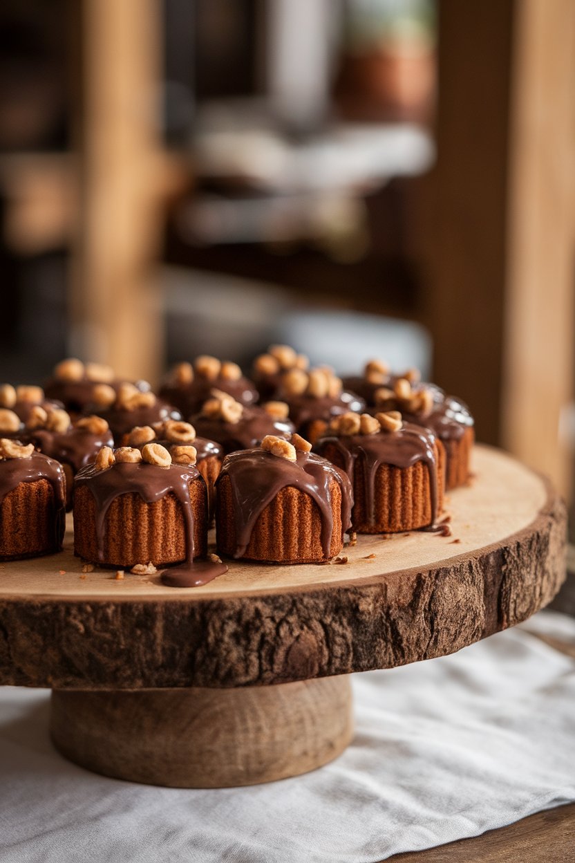 An indoor serving board with a row of petite hazelnut cakes lined up side by side like players, each topped with chocolate-hazelnut glaze—no text or logos.