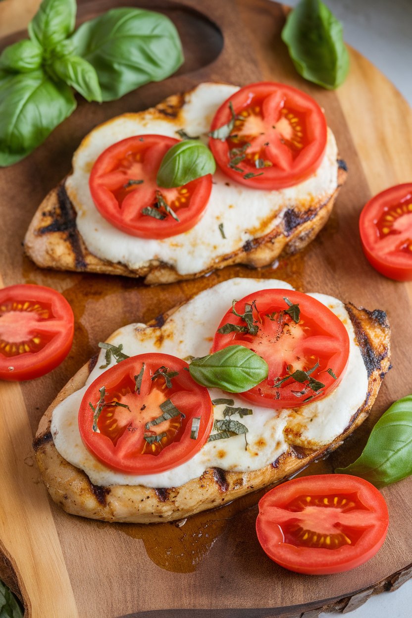 An indoor serving platter with grilled chicken breasts topped with melted mozzarella, tomato slices, and fresh basil drizzle; no text or logos. Photo only.