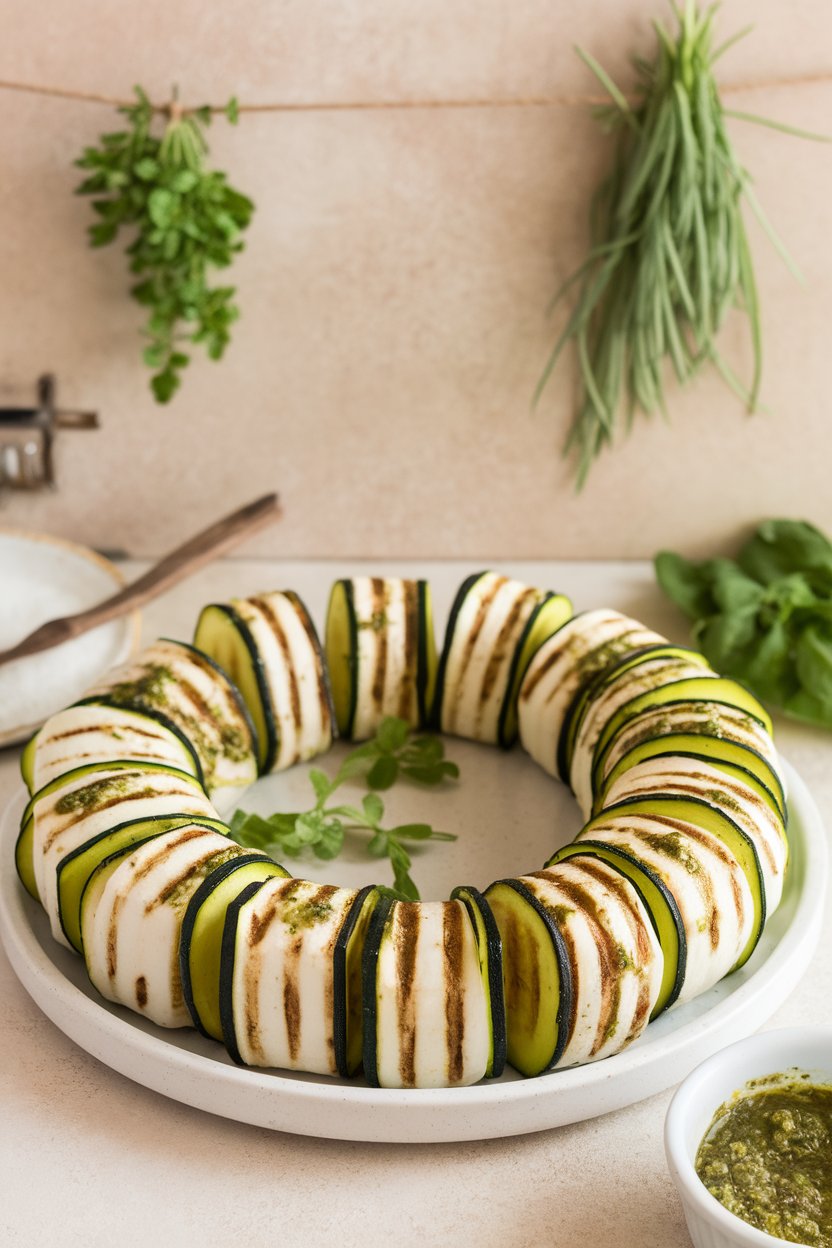 An indoor platter with thin grilled zucchini strips rolled around mozzarella and brushed with pesto; no logos or text.