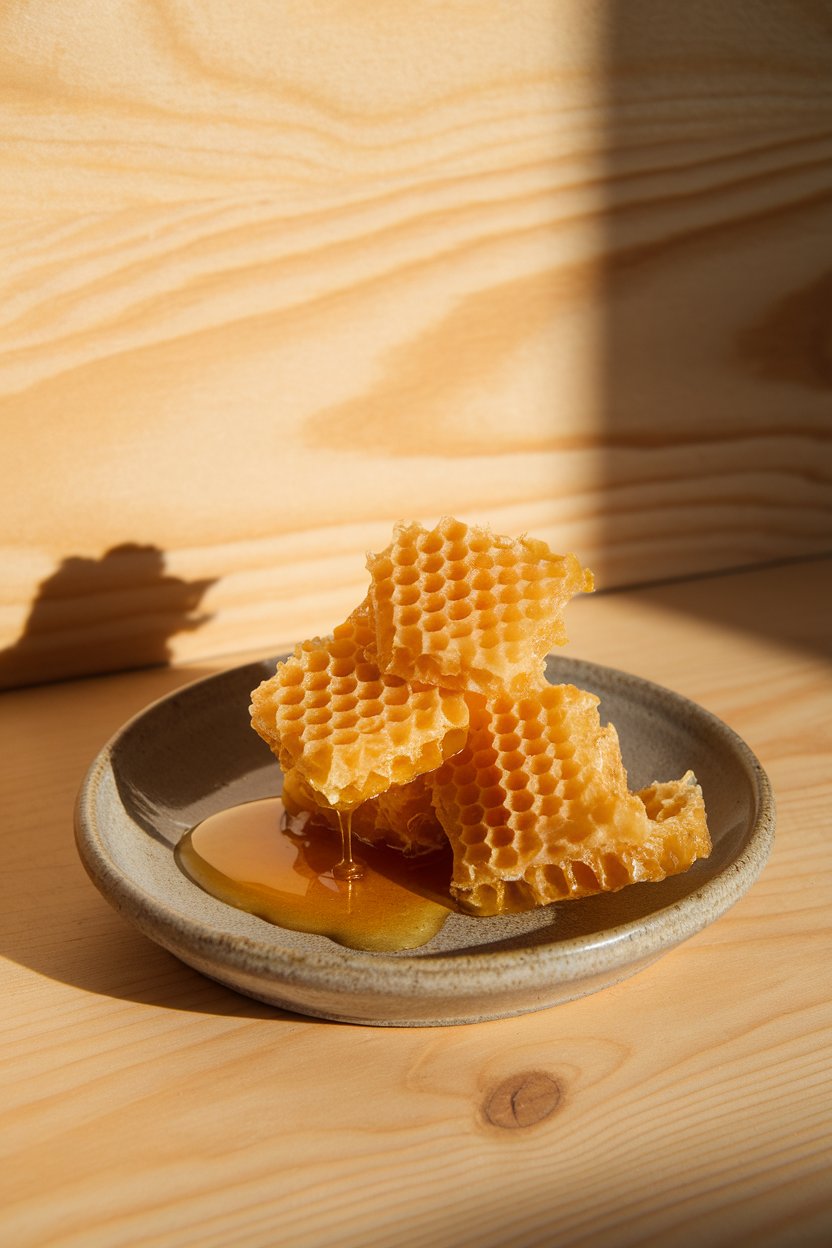 A softly lit indoor shot of golden honeycomb pieces oozing a bit of honey onto a ceramic dish. Photo, no text or logos.