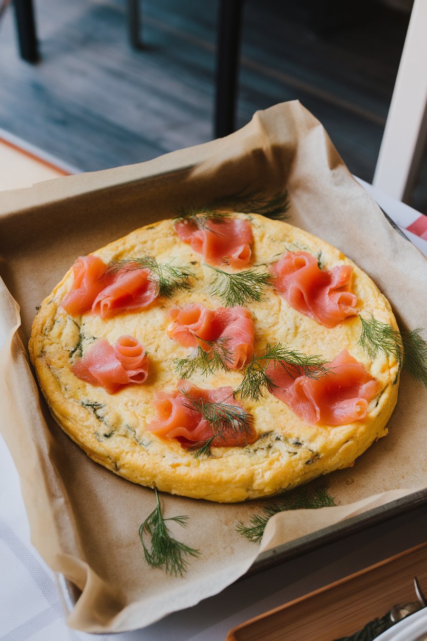 An indoor brunch setting with a parchment-lined sheet pan of golden egg frittata dotted with pink smoked salmon ribbons and sprigs of dill. No text or logos.