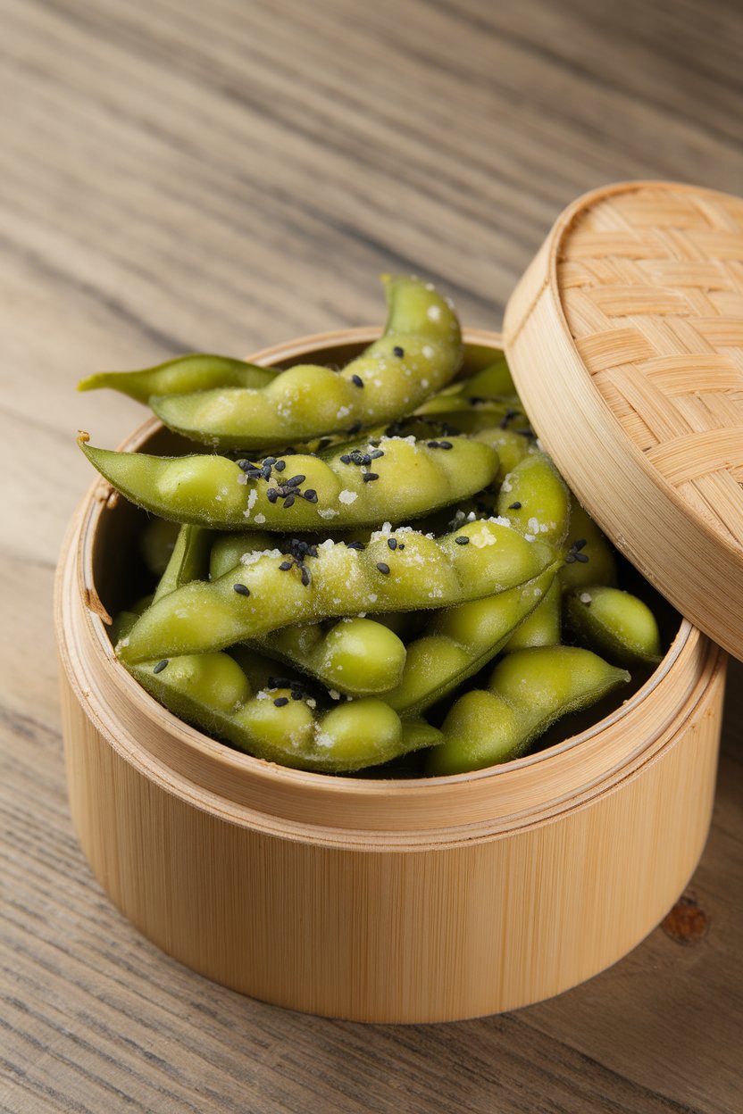 An indoor serving bowl of steamed edamame pods sprinkled with sesame seeds and coarse salt, photographed close-up—no text or logos. Photo, not illustration.