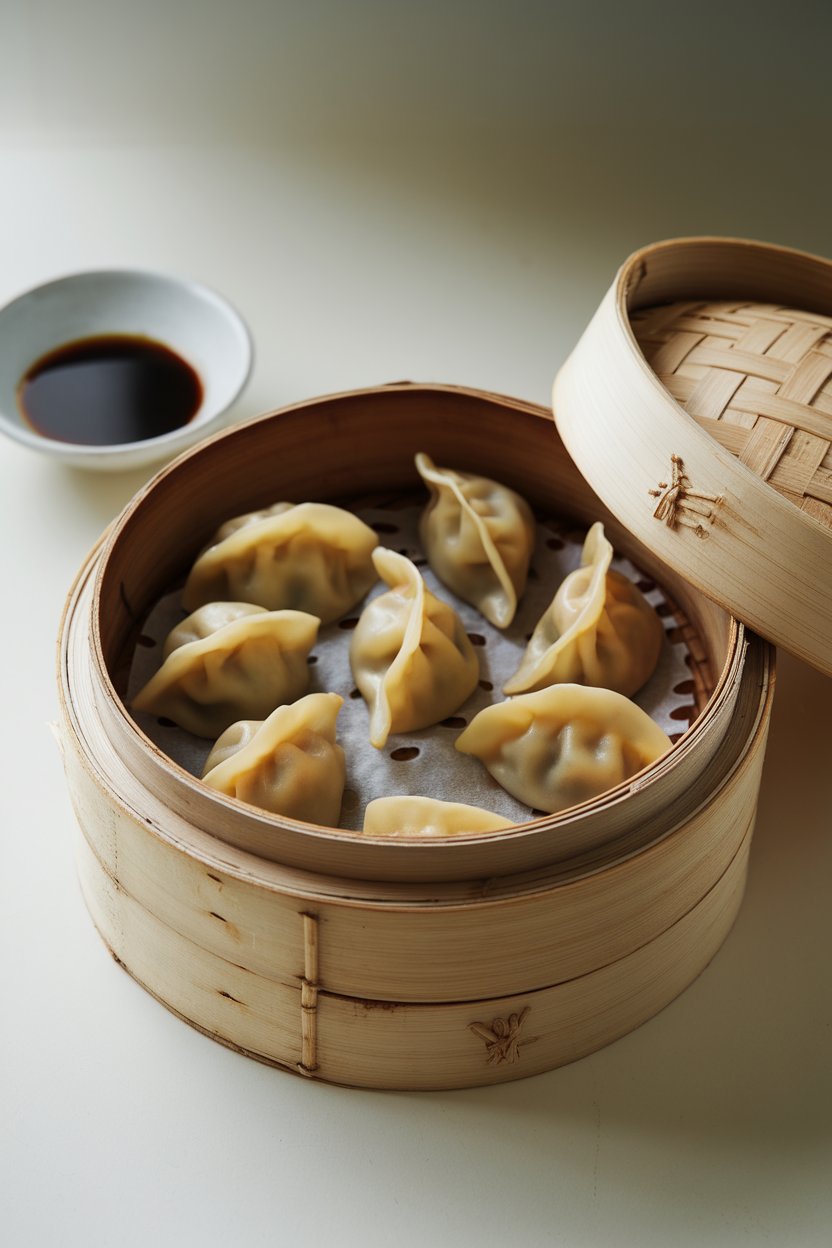 Indoor photo of a bamboo steamer basket filled with golden potstickers, soy dipping sauce in a small bowl. No text or logos.