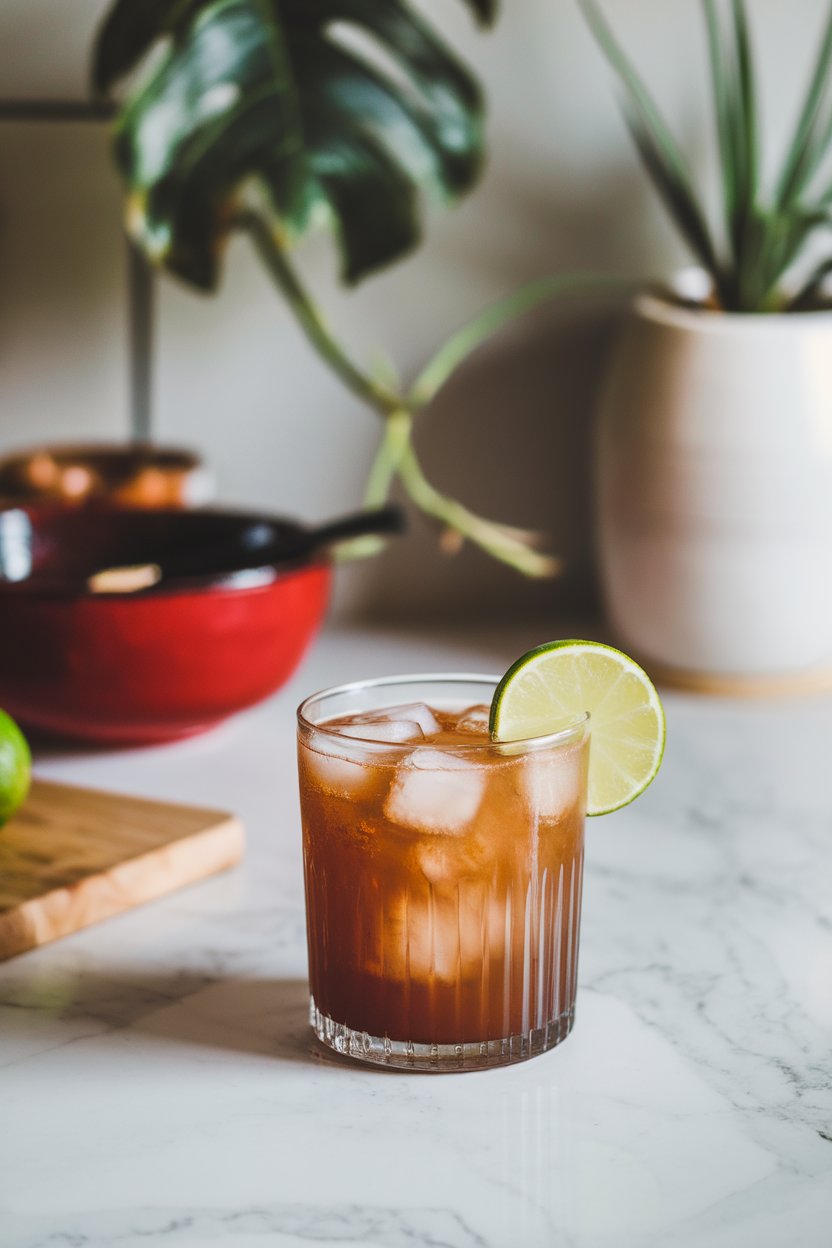 An indoor Latin-inspired kitchen setting displaying a glass of rich brown tamarind cooler over ice with a lime wheel. No text or logos. Photo.