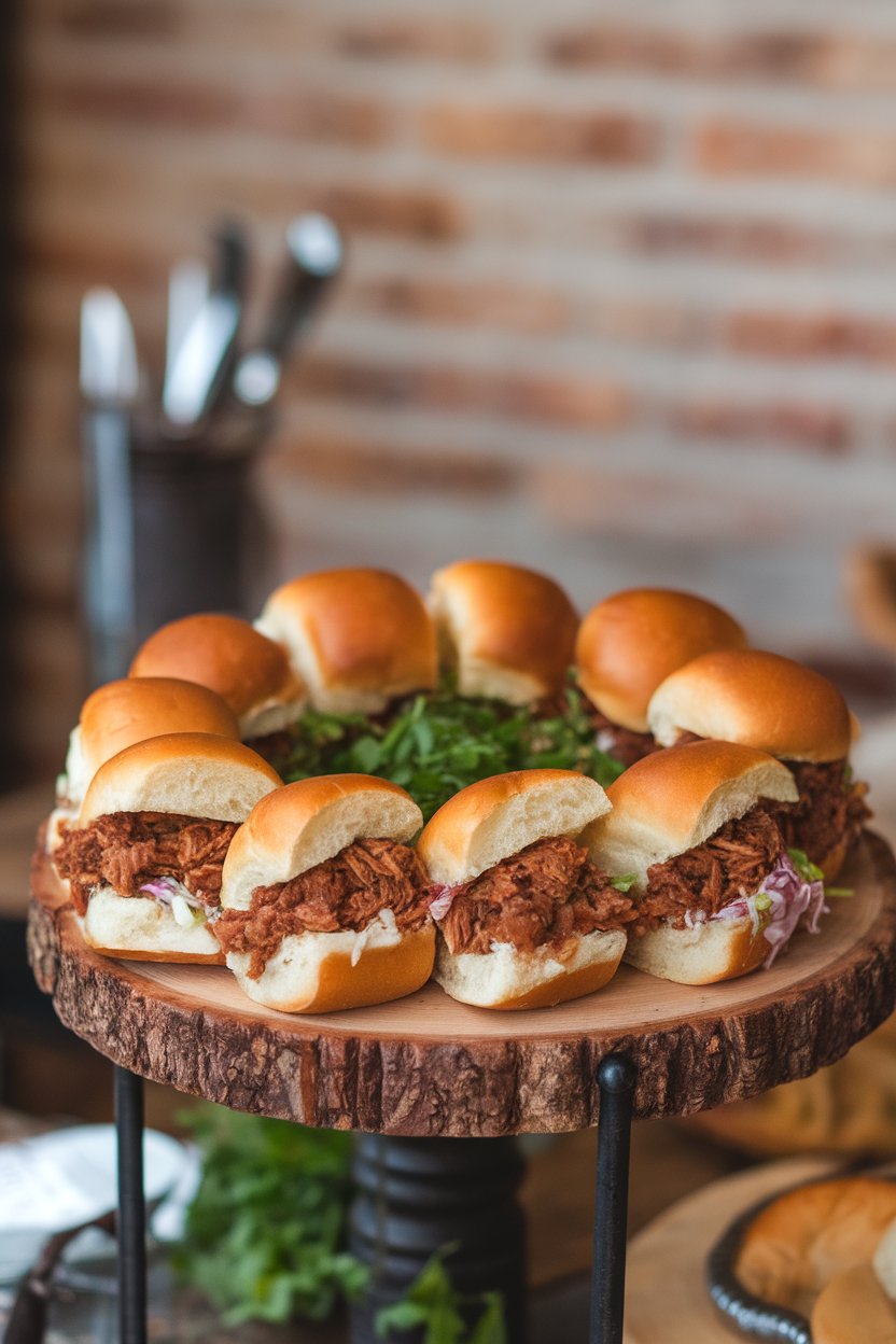 Indoor photo of mini brioche buns stuffed with saucy pulled pork and a bit of slaw, arranged on a wooden serving board. No text or logos.