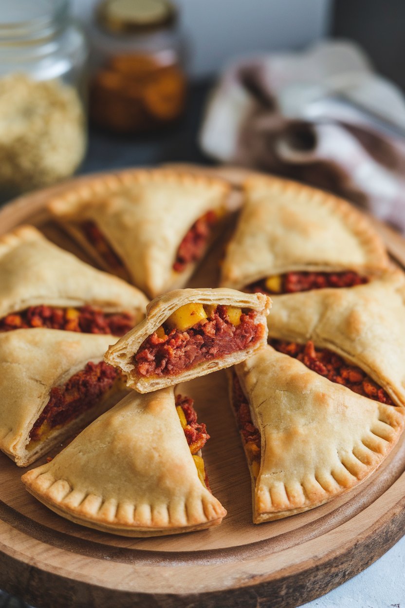 Indoor wooden board with half-moon pastry hand pies, one cut open to show spicy chorizo and diced potato filling, no text or logos.