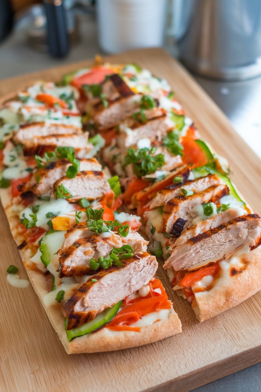 Indoor cutting board featuring BBQ chicken flatbread sliced into small squares, cheese melted and bubbly, no text or logos. Photo only.