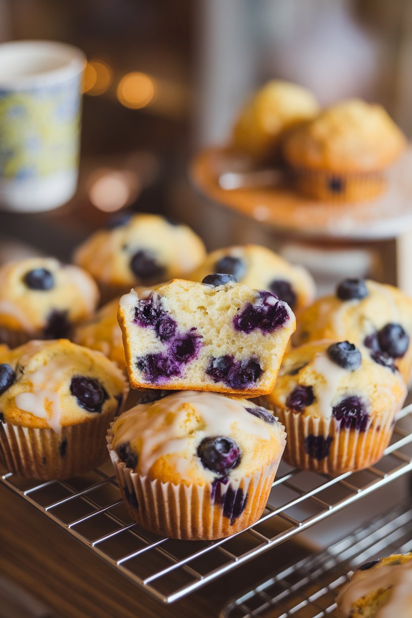 Indoor bakery rack with lemon-glazed muffins bursting with blueberries, one cut open to show moist crumb. No logos or text; photo only.