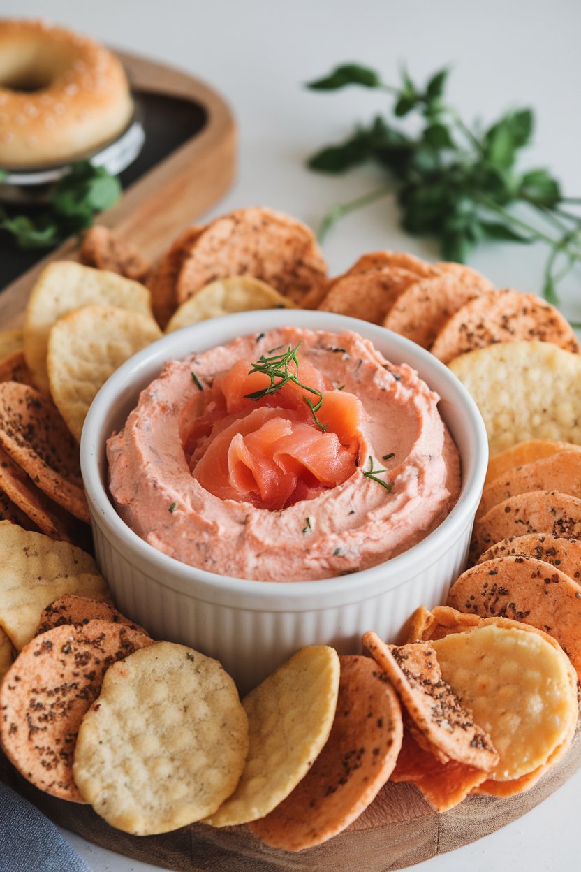 Indoor photo of creamy smoked salmon dip in a ramekin surrounded by bagel chips. No text or logos. Cooked smoked salmon flakes visible.