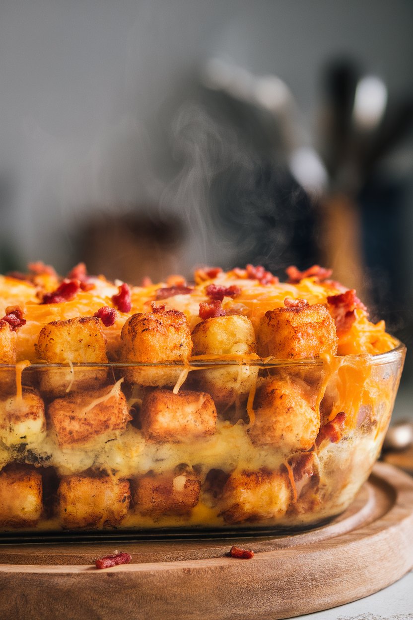 A bubbling indoor casserole dish layered with browned tater tots, melted cheese, and scattered bacon bits, steam visible—no text or logos. Photo, not illustration.
