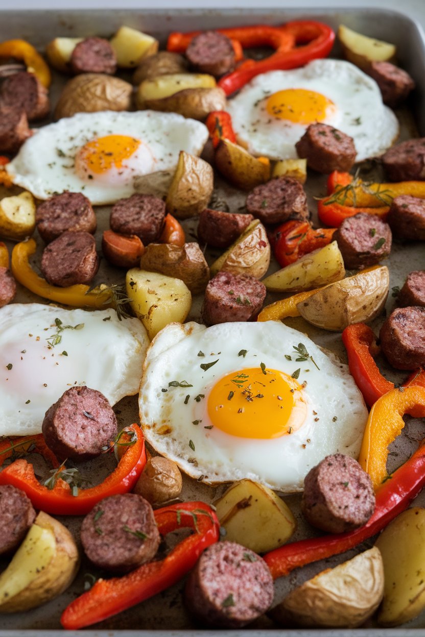 Indoor photo of a sheet pan showing roasted potatoes, sausage chunks, peppers, and sunny-side eggs nestled on top; no text or logos.