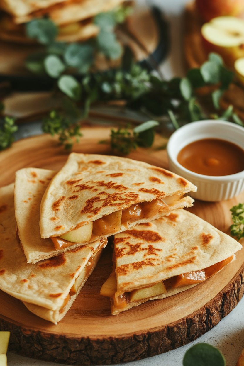 Warm indoor shot of apple-cinnamon dessert quesadilla slices, caramel sauce drizzle, no branding.