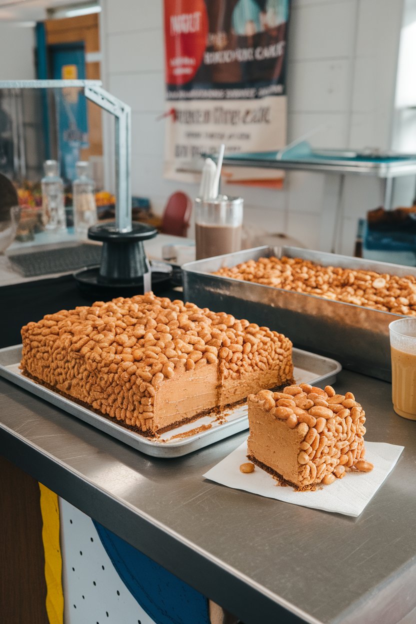 An indoor concession-style setup with a peanut butter sheet cake, crushed honey-roasted peanuts sprinkled thickly on top, slice on napkin—no text or logos.