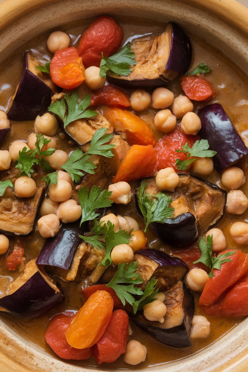 Indoor photo of a shallow tagine dish featuring stewed eggplant chunks, chickpeas, tomatoes, and apricot pieces, sprinkled with fresh parsley. No text or logos.