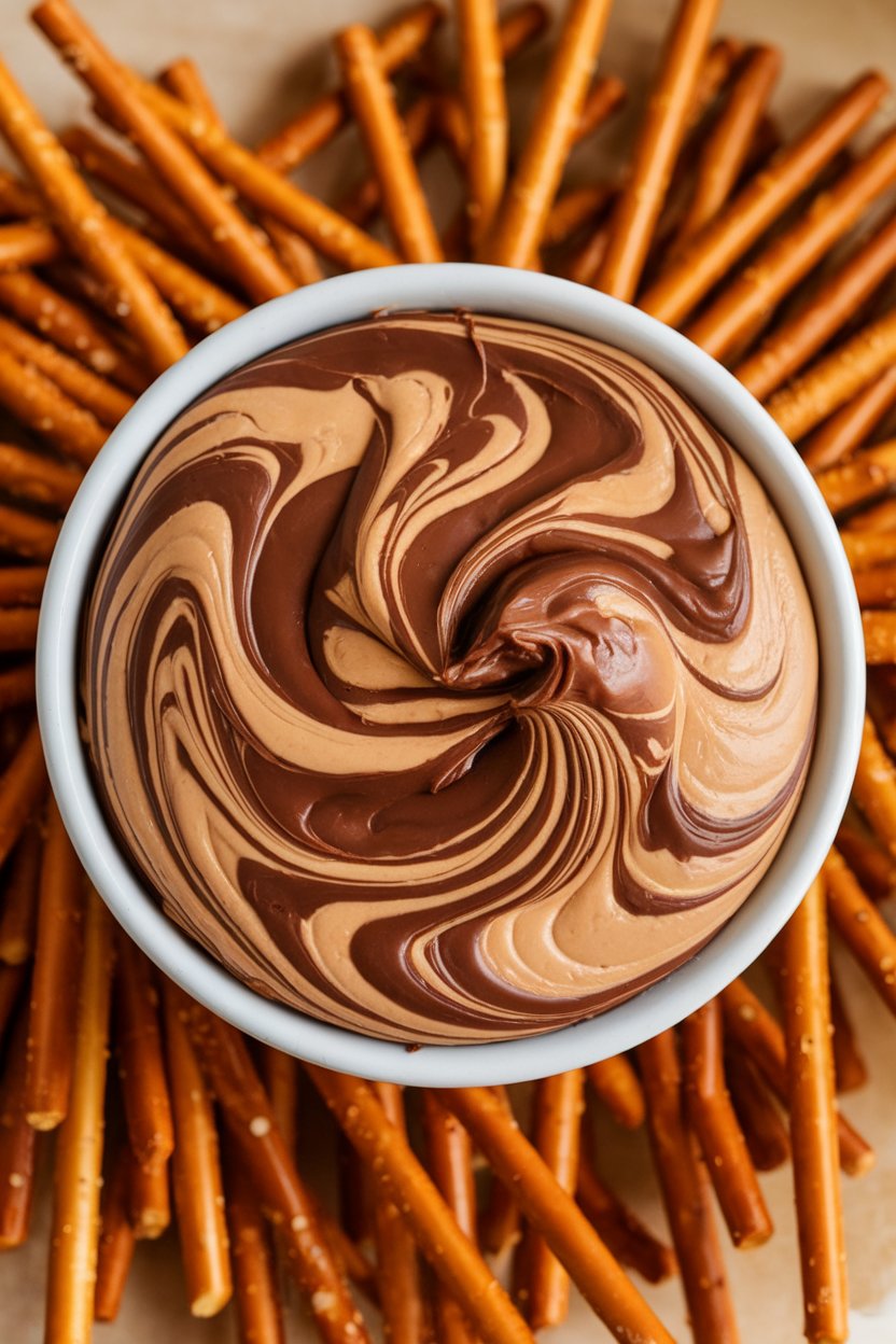 Indoor photo of a shallow bowl filled with swirled peanut butter and melted chocolate dip, pretzel sticks arranged around it. No text or logos.