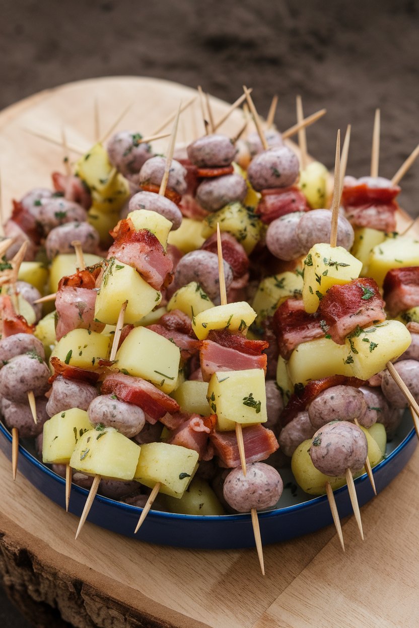 An indoor dish of short skewers holding sausage slices, potato cubes, and bacon bits glazed with herbs. No logos or text.
