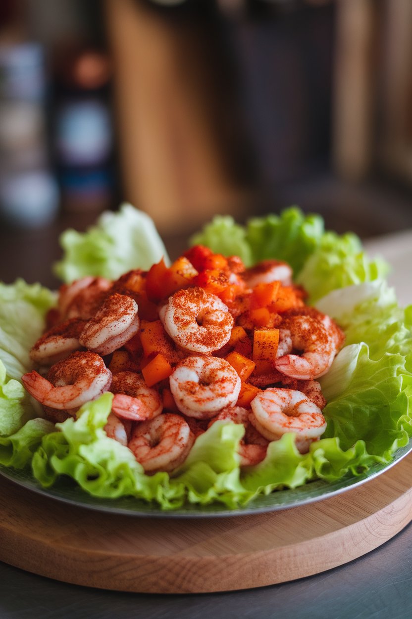An indoor platter of butter lettuce leaves holding Cajun-spiced cooked shrimp and diced bell pepper; no text or logos.
