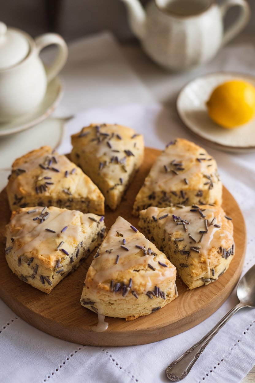 Indoor photo of round scones flecked with lavender buds and brushed with honey glaze, no text or logos