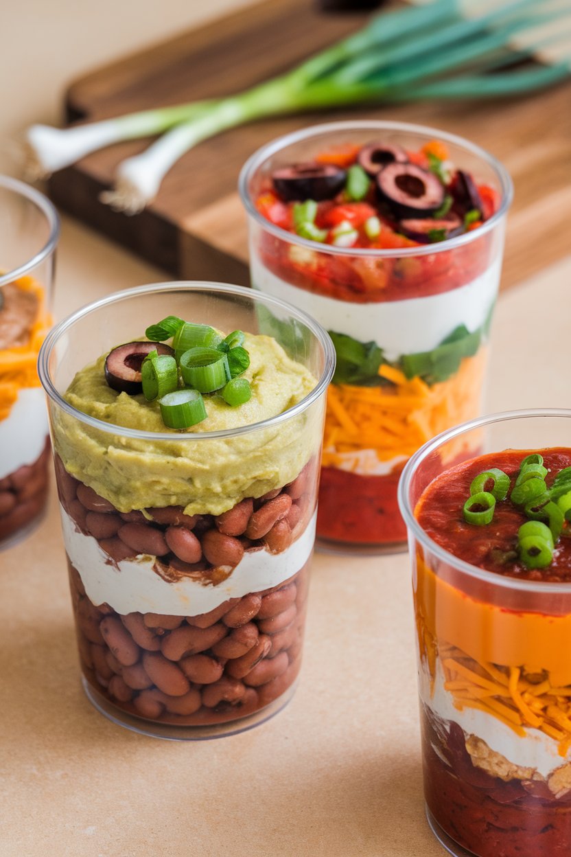 Indoor photo of clear plastic tumblers showing distinct layers of beans, guac, sour cream, salsa, cheese, olives, and green onions. No text or logos.