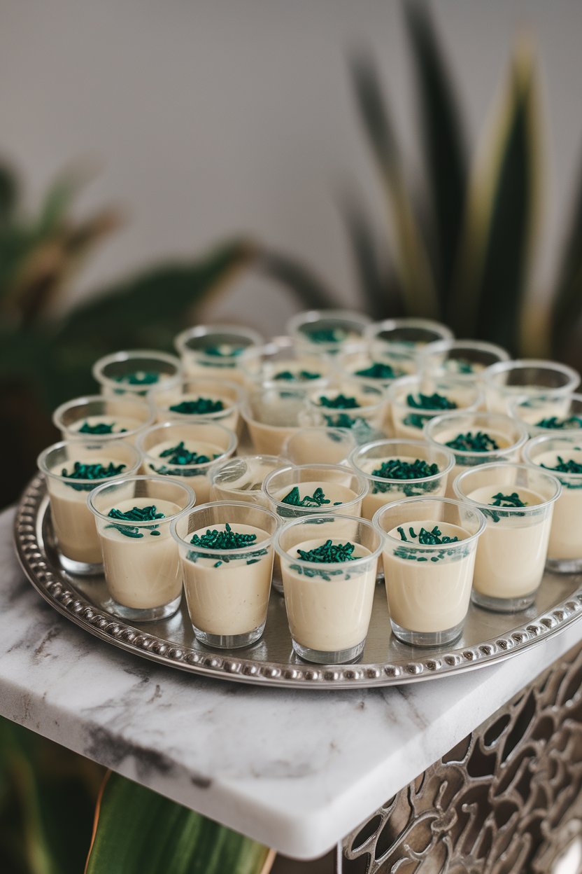 Indoor photo of small plastic shot cups filled with creamy vanilla pudding and topped with green sprinkles, arranged on a tray. No text or logos.